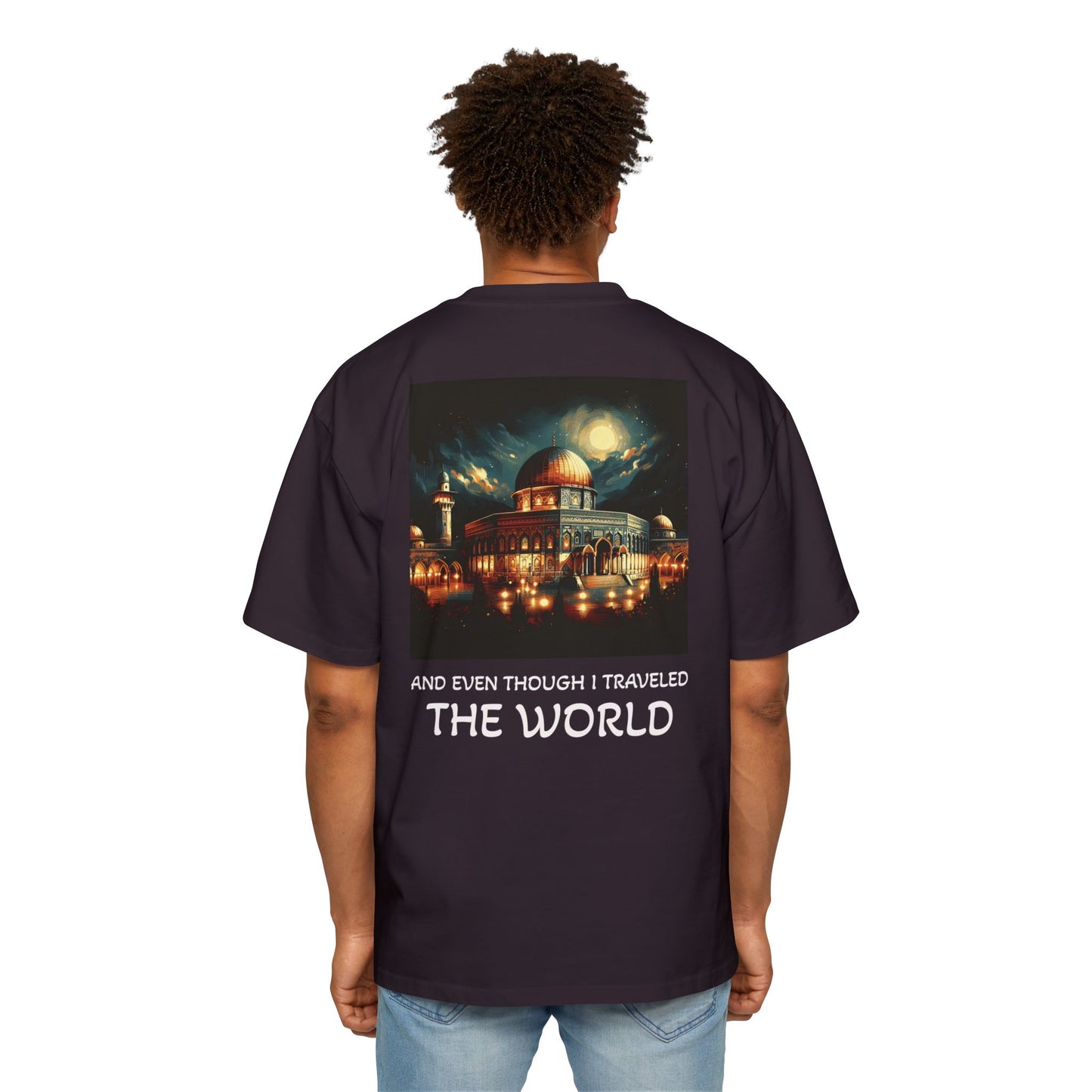Men's Heavy Oversized Tee with Artistic Mosque Design - Casual Streetwear for Art Lovers