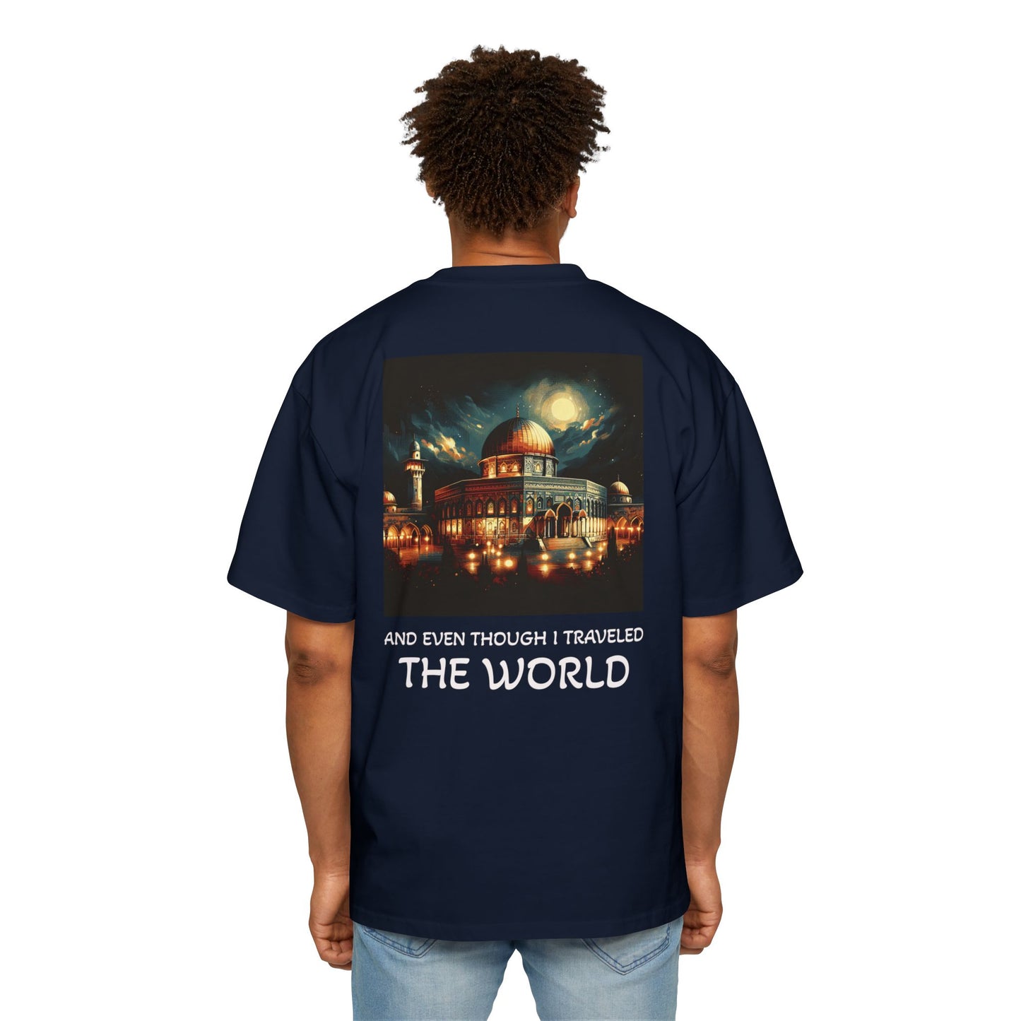 Men's Heavy Oversized Tee with Artistic Mosque Design - Casual Streetwear for Art Lovers