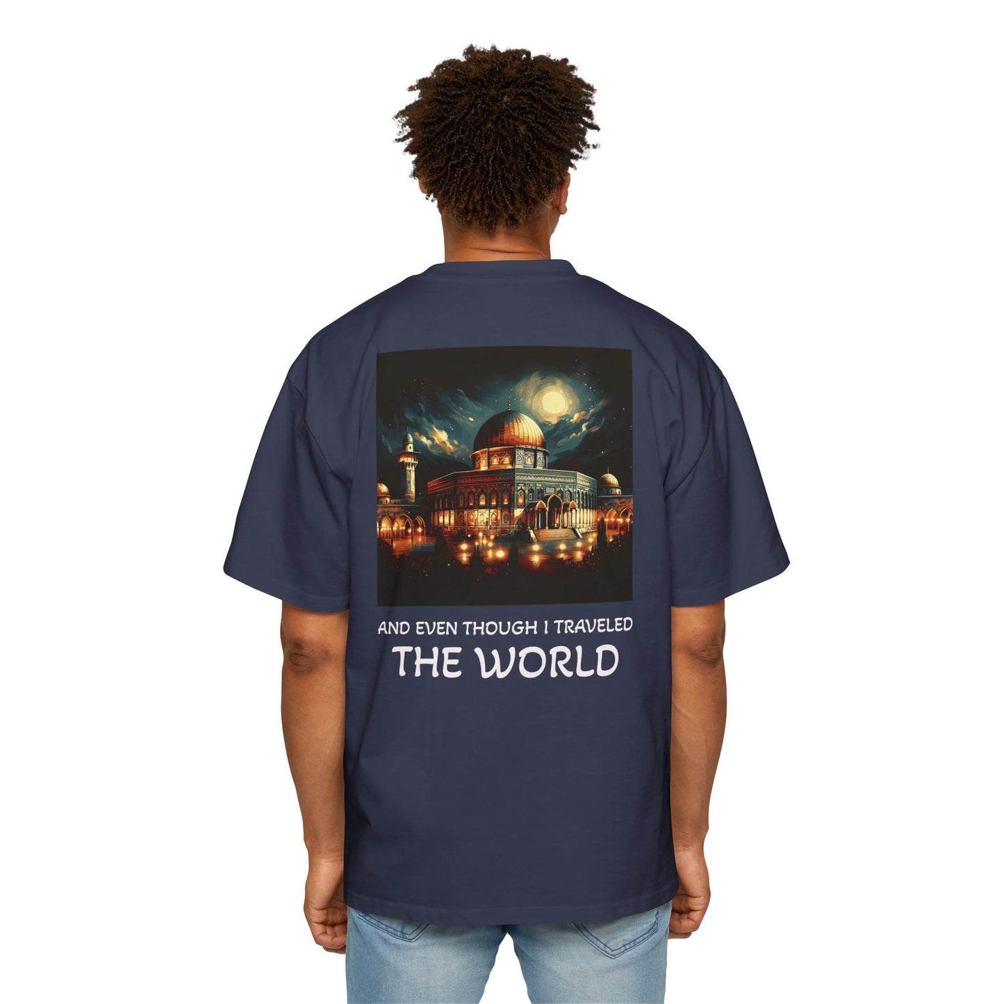 Men's Heavy Oversized Tee with Artistic Mosque Design - Casual Streetwear for Art Lovers
