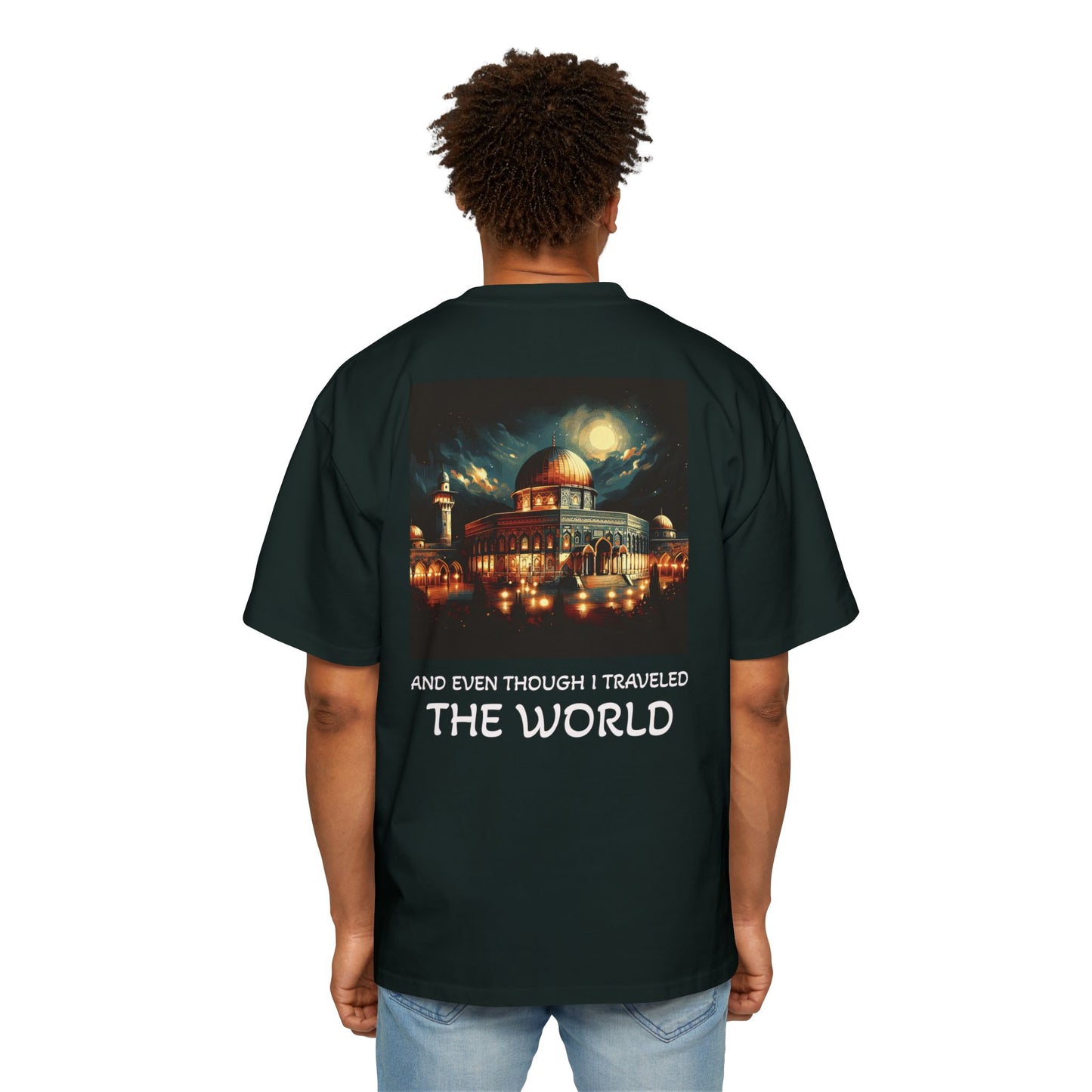 Men's Heavy Oversized Tee with Artistic Mosque Design - Casual Streetwear for Art Lovers