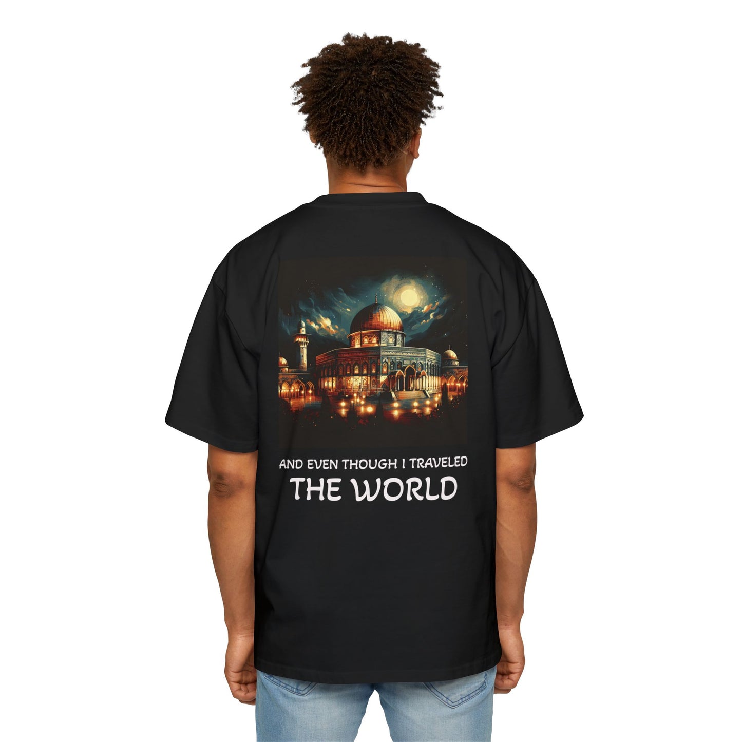 Men's Heavy Oversized Tee with Artistic Mosque Design - Casual Streetwear for Art Lovers