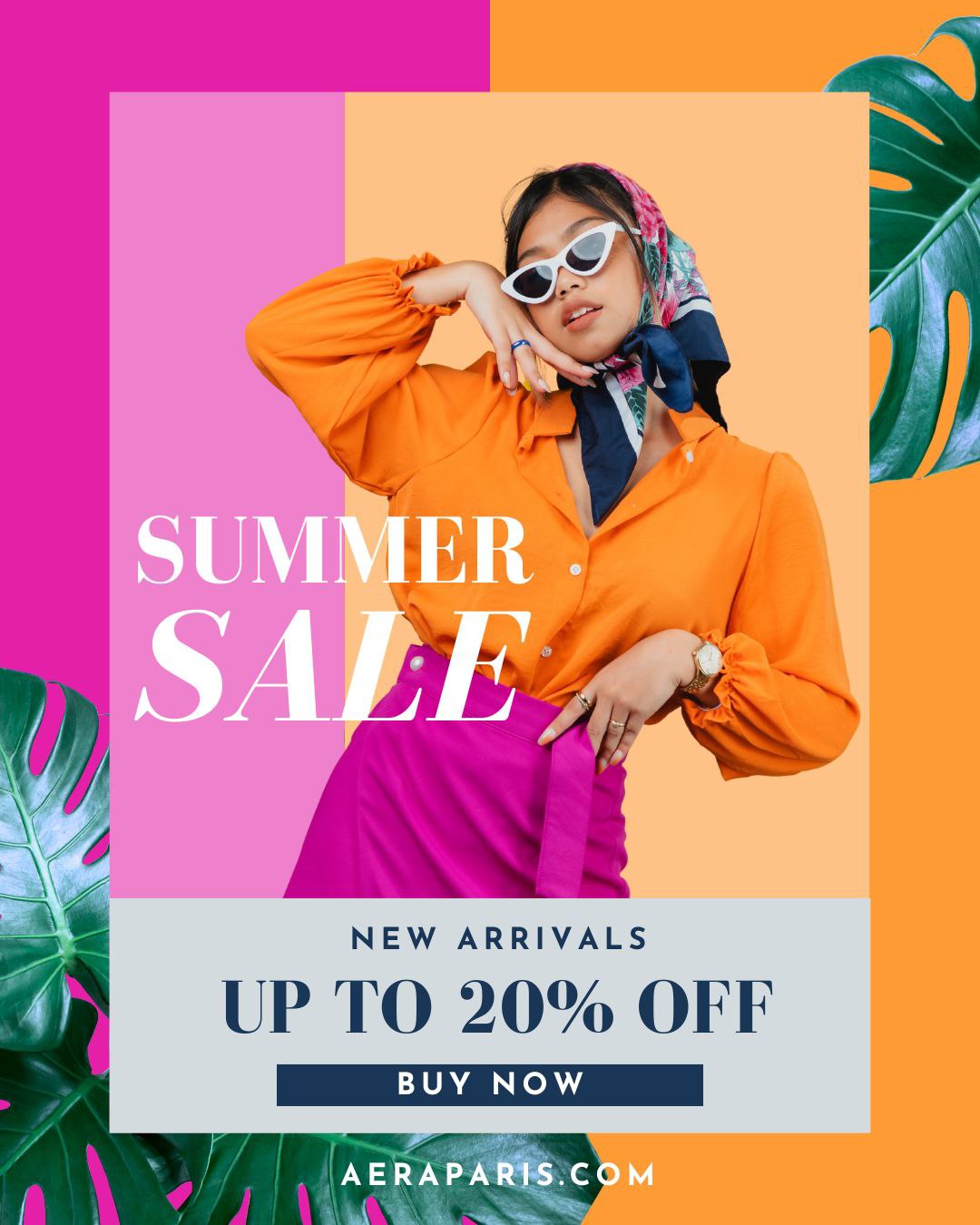 Promotional graphic for Aera Paris summer sale with a woman in an orange shirt and pink pants against a colorful background.